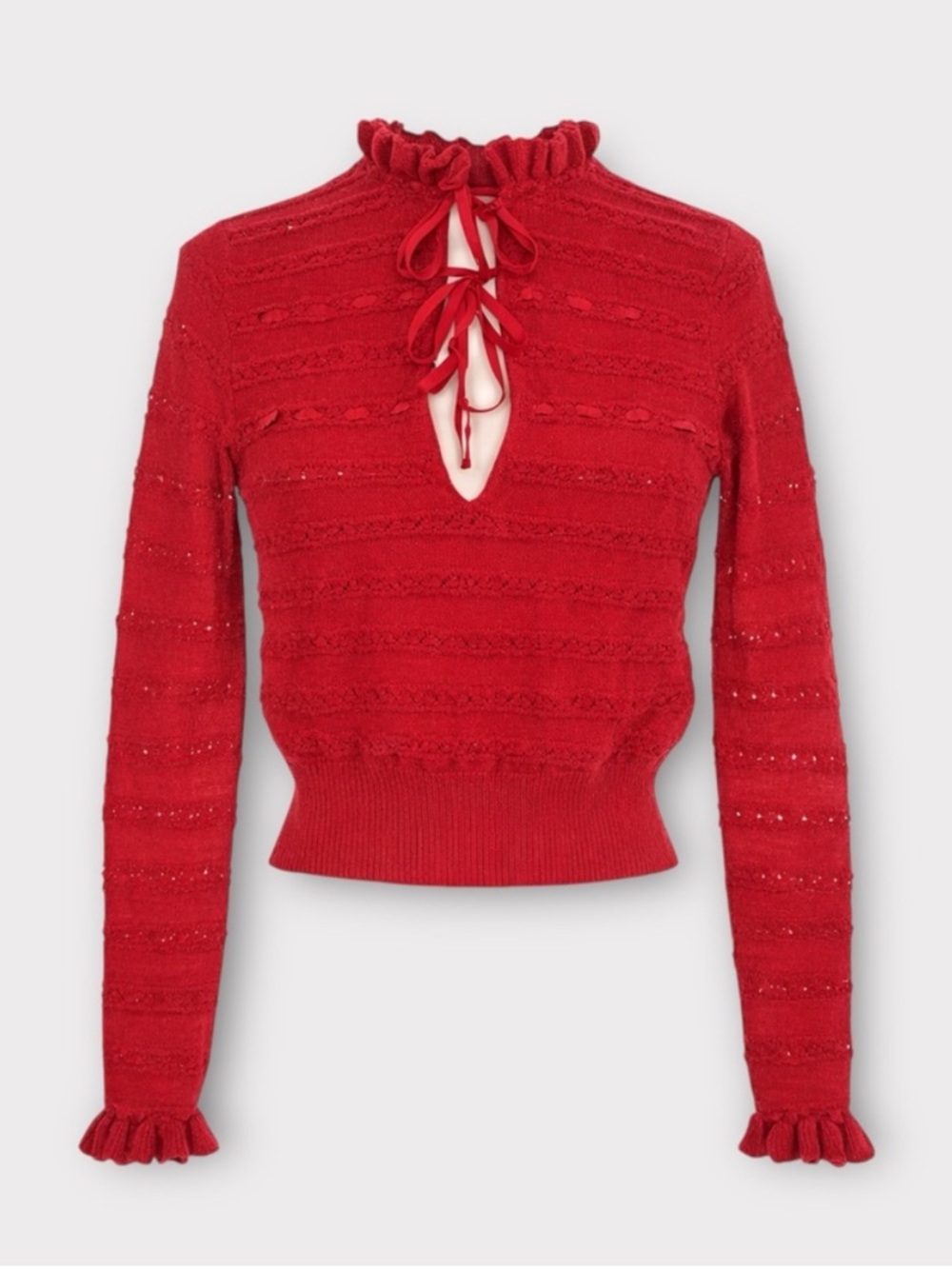 NWT Doen Cordelie Alpaca Silk Ruffle V Neck Tie Knot Sweater Top Wild Cherry Red